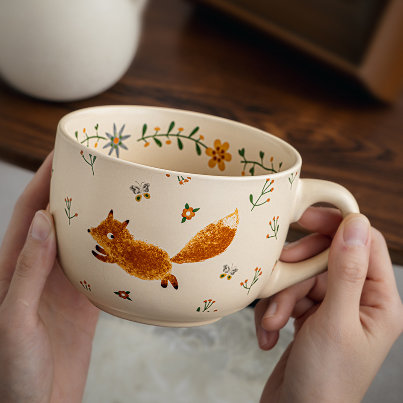 Ceașcă ceramică pentru mic dejun cu capac, capacitate mare, pentru ovăz și iaurt, stil vintage.