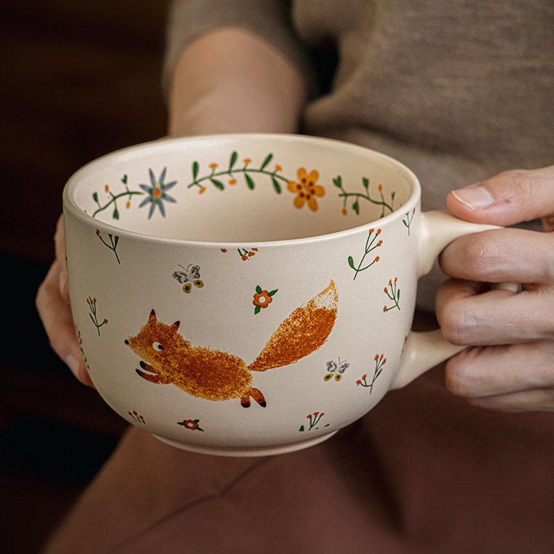 Ceașcă ceramică pentru mic dejun cu capac, capacitate mare, pentru ovăz și iaurt, stil vintage.