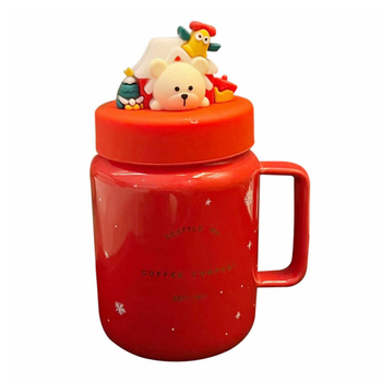 Star Daddy Căniță roșie de Crăciun cu fulg de zăpadă, capacitate mare, ceramică, cu capac, design desen animat, pentru cupluri