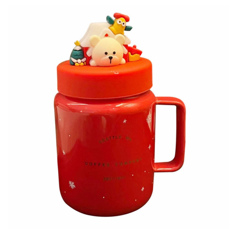 Star Daddy Căniță roșie de Crăciun cu fulg de zăpadă, capacitate mare, ceramică, cu capac, design desen animat, pentru cupluri