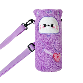 Husă termoizolantă pentru cană, broderie desen animat, pluș, curea crossbody
