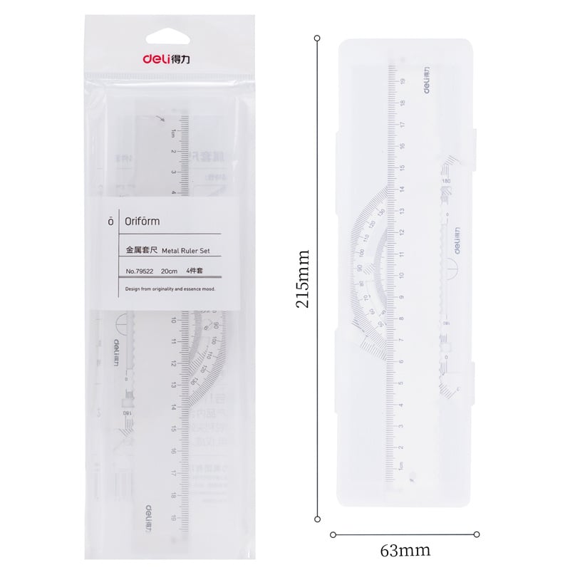 Deli 79522 metalni set ravnala za crtanje: ravnalo, kutni ravnalo (set-square), protractor – četverodijelni set