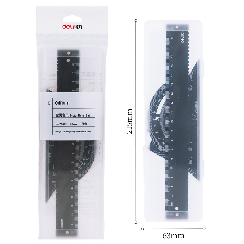 Deli 79522 metalni set ravnala za crtanje: ravnalo, kutni ravnalo (set-square), protractor – četverodijelni set