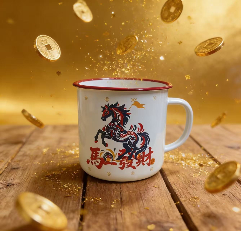 Ceașcă emailată cu corp gros, cadou creativ de ziua de naștere, pentru cafea sau ceai, Anul Calului, noroc la bani