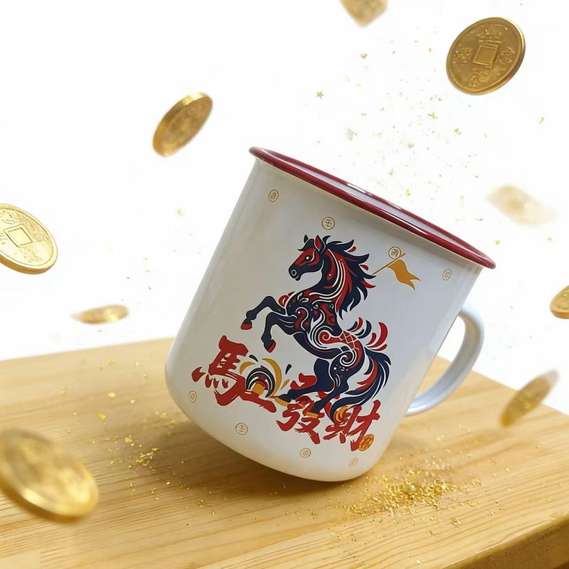 Ceașcă emailată cu corp gros, cadou creativ de ziua de naștere, pentru cafea sau ceai, Anul Calului, noroc la bani