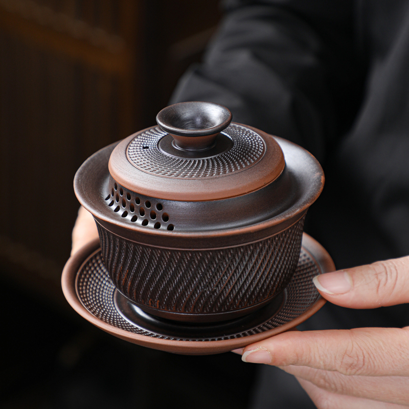 Gaiwan din lut mov cu capac, set de ceai din trei piese, mâner anti-arzare, accesorii de ceai premium pentru uz casnic