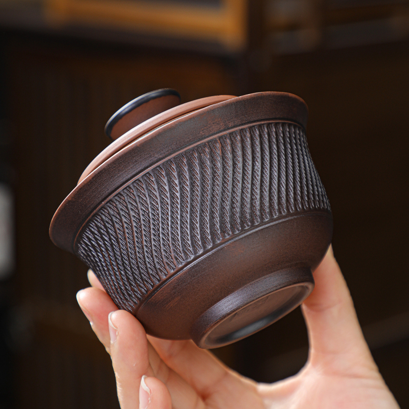 Gaiwan din lut mov cu capac, set de ceai din trei piese, mâner anti-arzare, accesorii de ceai premium pentru uz casnic