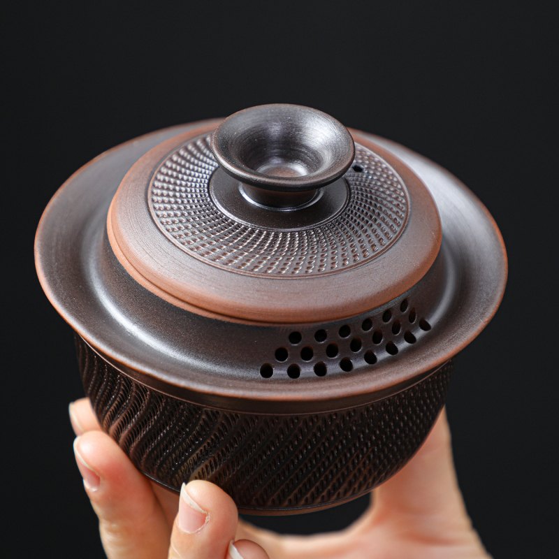 Gaiwan din lut mov cu capac, set de ceai din trei piese, mâner anti-arzare, accesorii de ceai premium pentru uz casnic