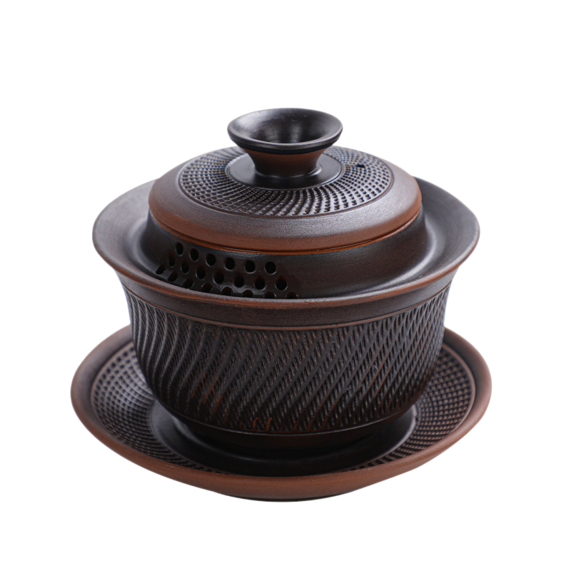 Gaiwan din lut mov cu capac, set de ceai din trei piese, mâner anti-arzare, accesorii de ceai premium pentru uz casnic