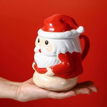 Cană ceramică cu Moș Crăciun, capac - cană de cafea de Crăciun