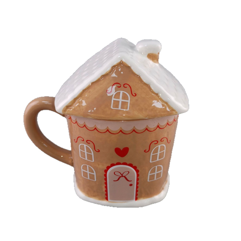 Cană ceramică 3D cu casă de turtă dulce, Crăciun, cu capac – pictată manual, design drăguț