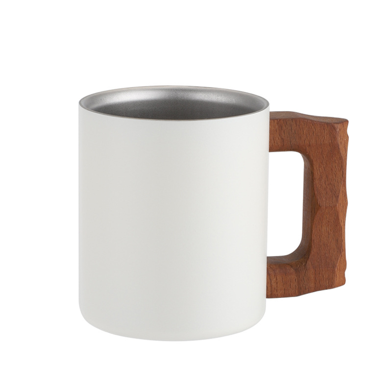 Cană din oțel inoxidabil 316, mâner din lemn, stil nordic, pereți dubli, pentru cafea sau ceai, cu logo laser