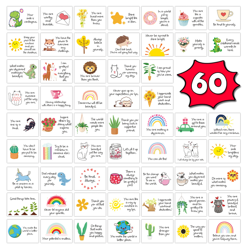 60 de carduri cu energie pozitivă, scrise de mână, cu citate motivaționale în engleză, pentru angajați și cutii de prânz pentru copii – carduri de mulțumire