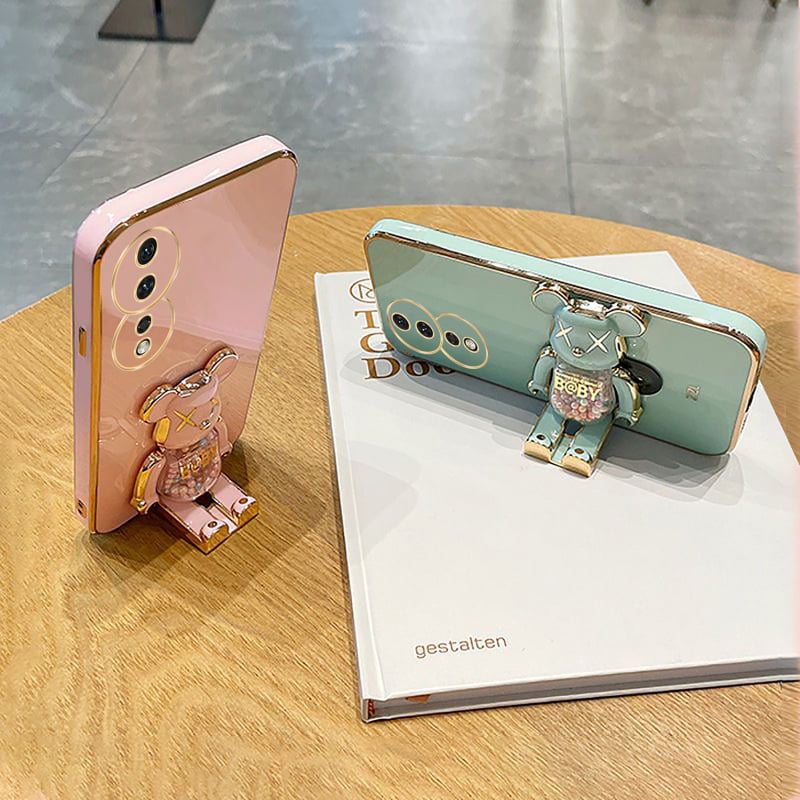OPPO Reno11 / Reno10 Pro kućište s elektroplatiranim potpunim pokrivanjem, crtani medvjed, sklopivi držač, TPU