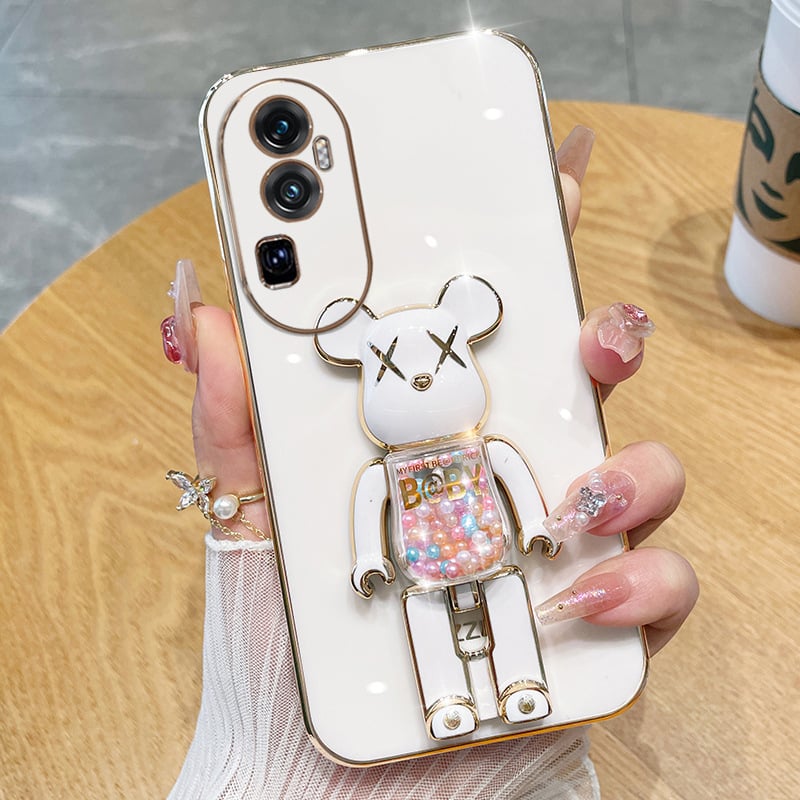 OPPO Reno11 / Reno10 Pro kućište s elektroplatiranim potpunim pokrivanjem, crtani medvjed, sklopivi držač, TPU