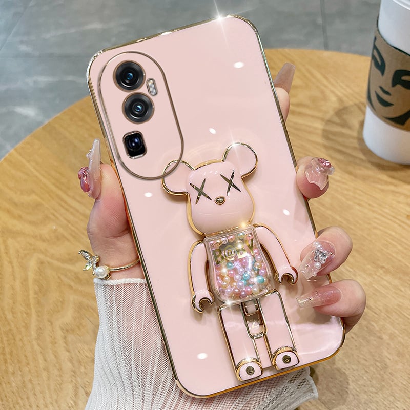 OPPO Reno11 / Reno10 Pro kućište s elektroplatiranim potpunim pokrivanjem, crtani medvjed, sklopivi držač, TPU