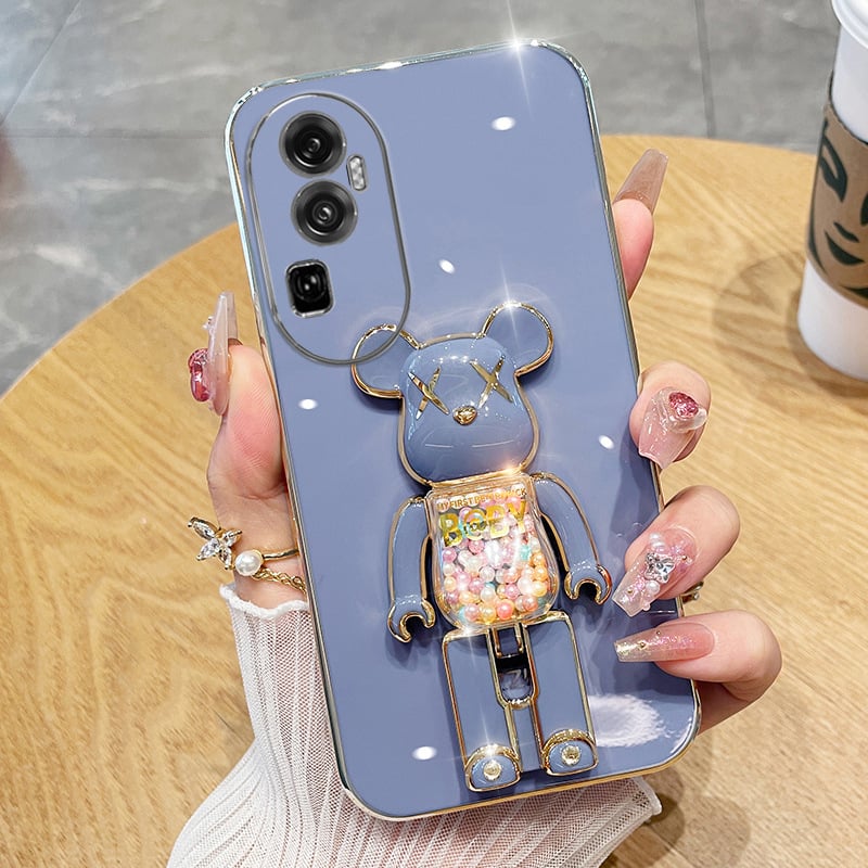 OPPO Reno11 / Reno10 Pro kućište s elektroplatiranim potpunim pokrivanjem, crtani medvjed, sklopivi držač, TPU