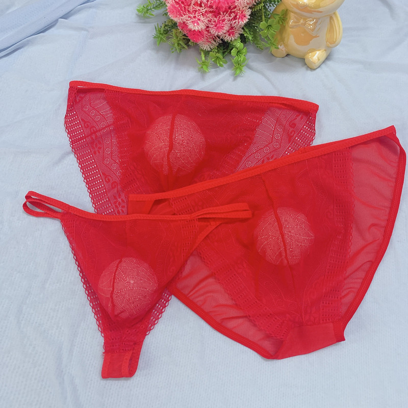 Muške gaćice plus size s crvenom čipkastom izradom, niski struk, prozračne od najlona
