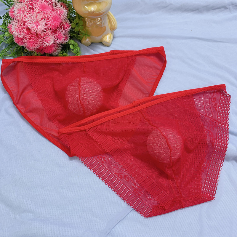 Muške gaćice plus size s crvenom čipkastom izradom, niski struk, prozračne od najlona
