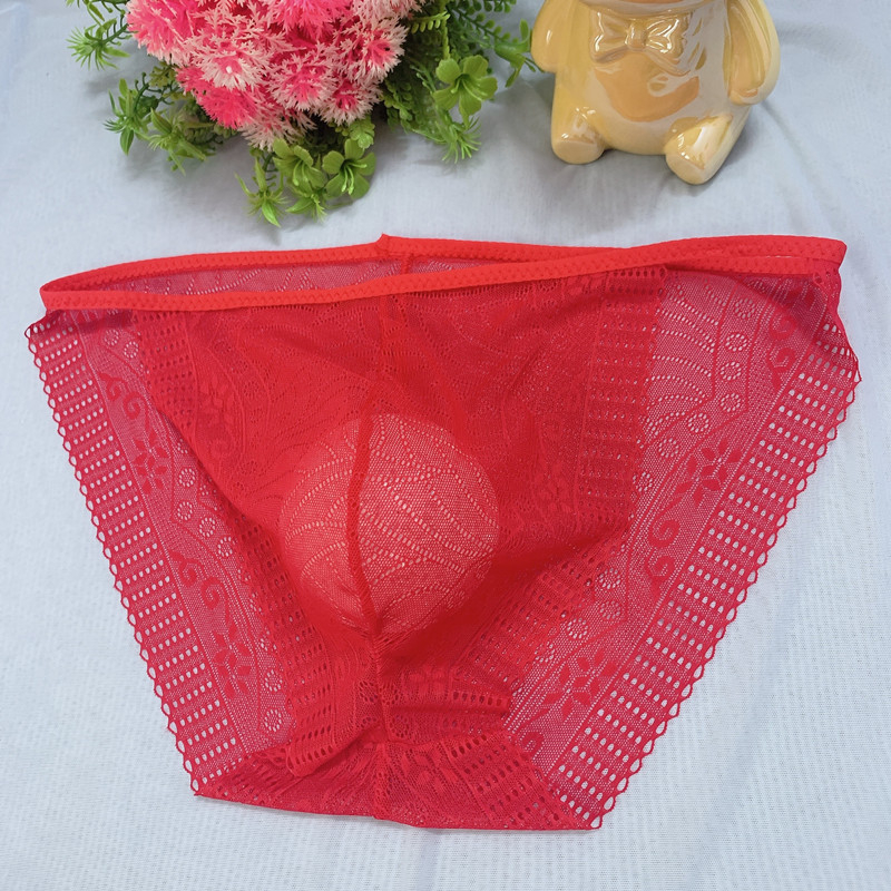 Muške gaćice plus size s crvenom čipkastom izradom, niski struk, prozračne od najlona