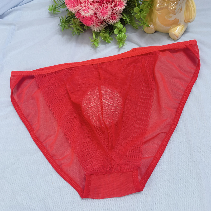 Muške gaćice plus size s crvenom čipkastom izradom, niski struk, prozračne od najlona