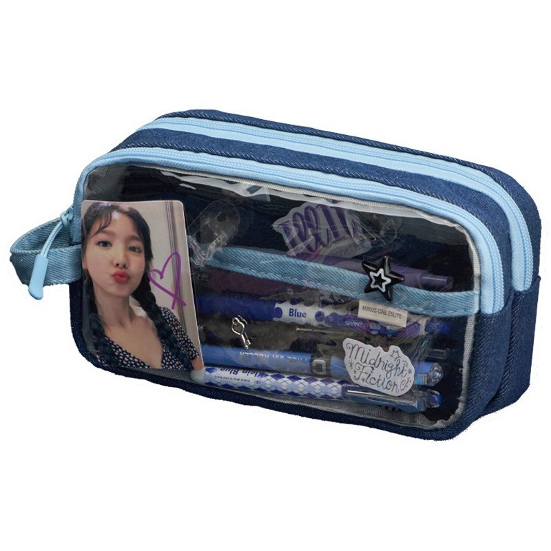 Penar transparent din denim, cu capacitate mare, unisex, pentru elevi de gimnaziu și liceu