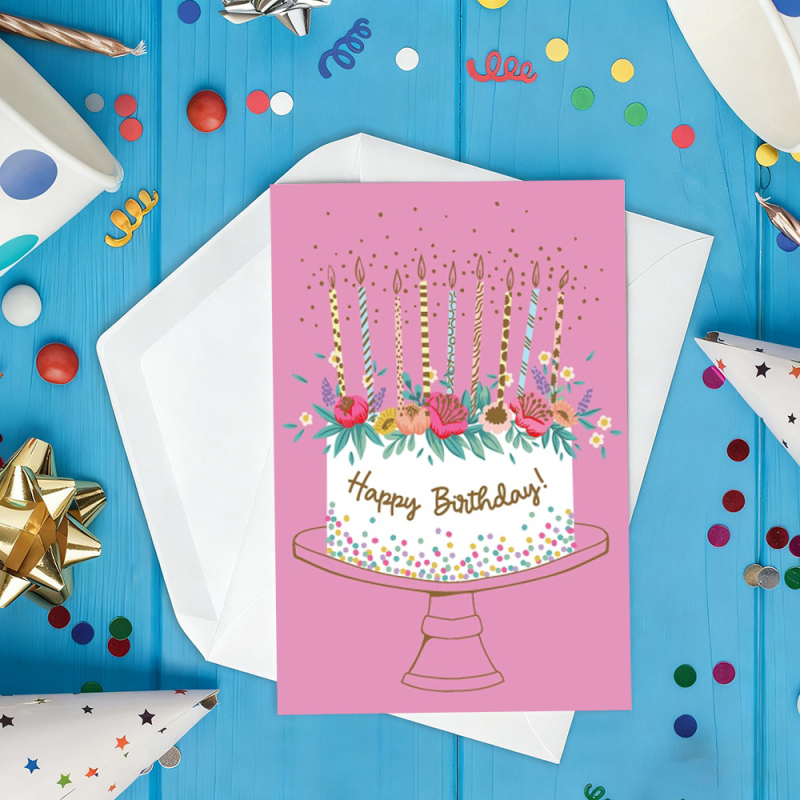 Felicitare de ziua de naștere cu plic, stil Macaron, binecuvântări scrise de mână și card de mesaj cu temă tortă