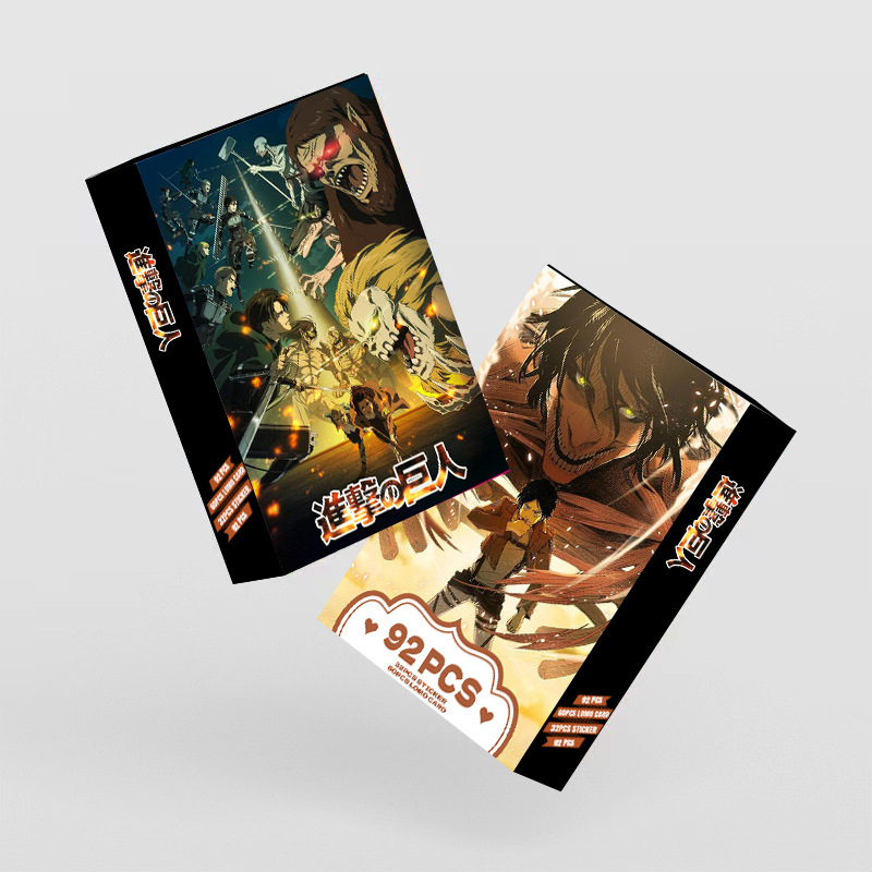 92 de carduri foto imprimate în culori de înaltă definiție din Attack on Titan, dublă față, în cutie, carduri LOMO pentru colecție, autocolante și semn de carte
