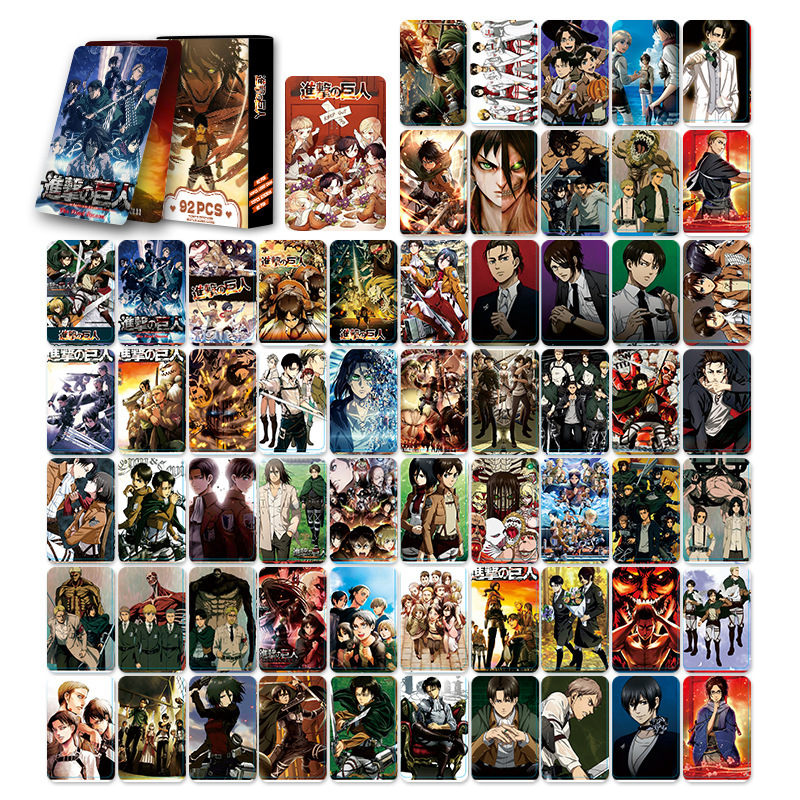 92 de carduri foto imprimate în culori de înaltă definiție din Attack on Titan, dublă față, în cutie, carduri LOMO pentru colecție, autocolante și semn de carte