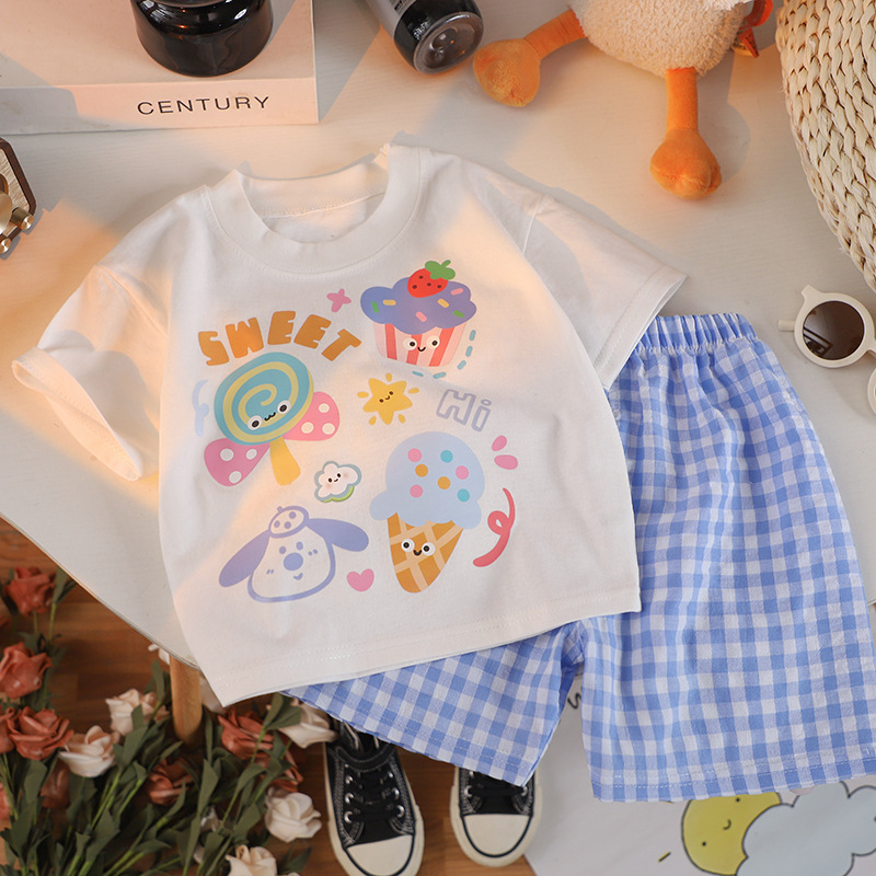 2025-ös új gyerekeknek szóló rövid ujjú kétrészes szett, rajzfilm mintával, koreai stílus, nyári ruházat