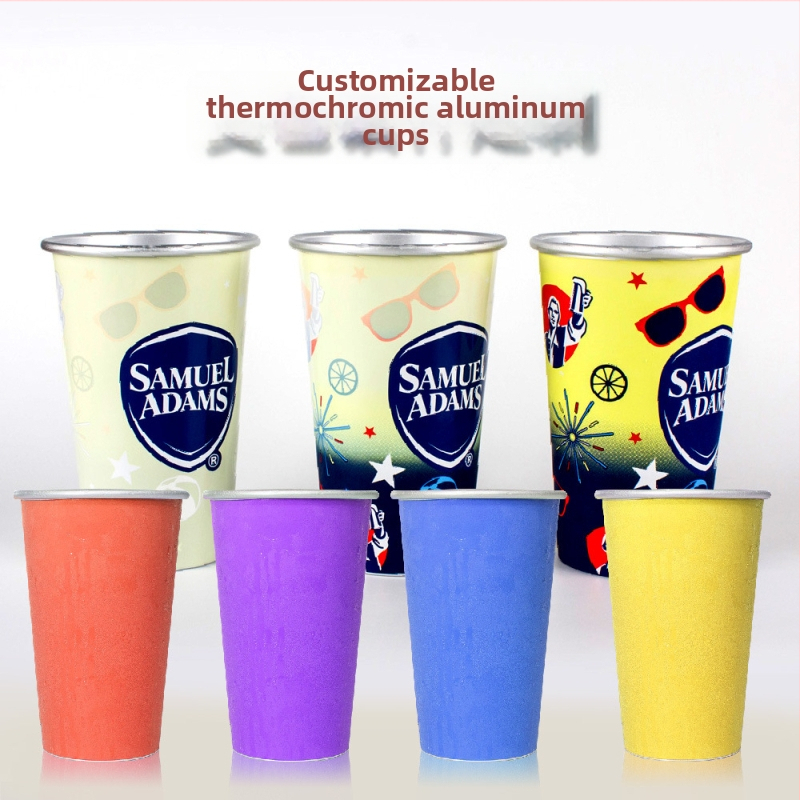Ceașcă din aluminiu cu schimbare de culoare la frig, 450 ml, margine curbată, un singur strat, camping în aer liber