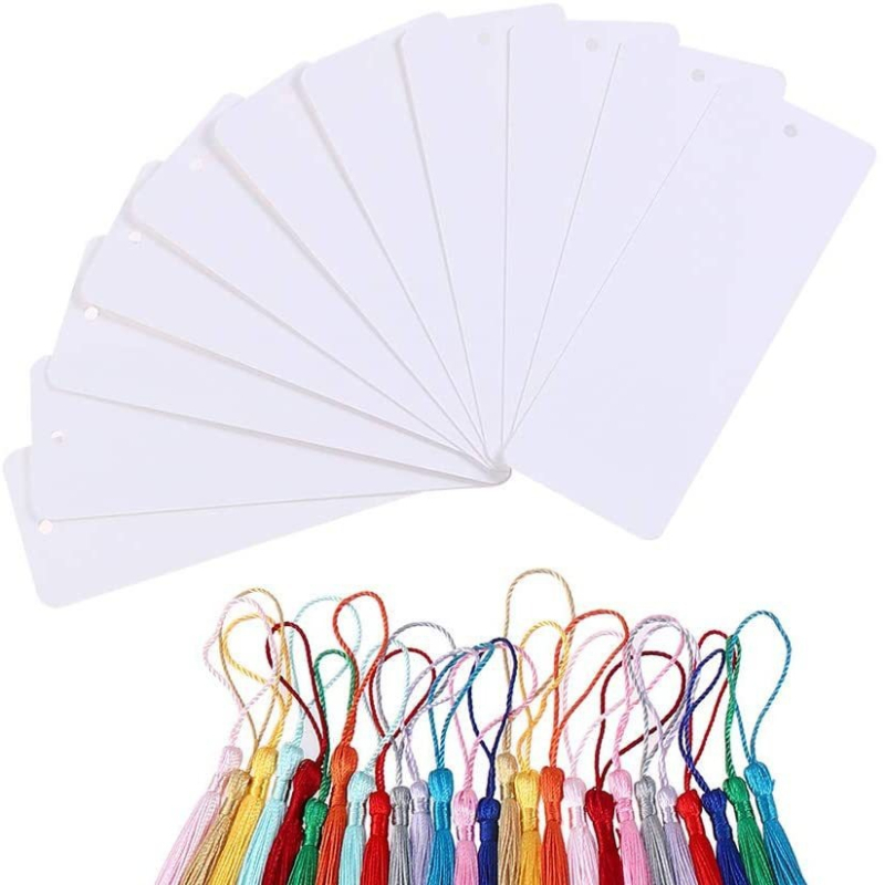 Semn de carte cu ciucuri, card lacuit din hârtie de orez, 5×14 cm, etichetă cadou DIY