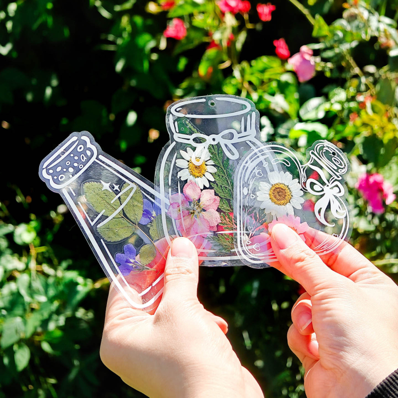 Kit DIY pentru semn de carte cu flori uscate de primăvară, în recipient tip sticluță pentru elevi — mostră de frunză transparentă, peliculă de sigilare din plastic și lipici