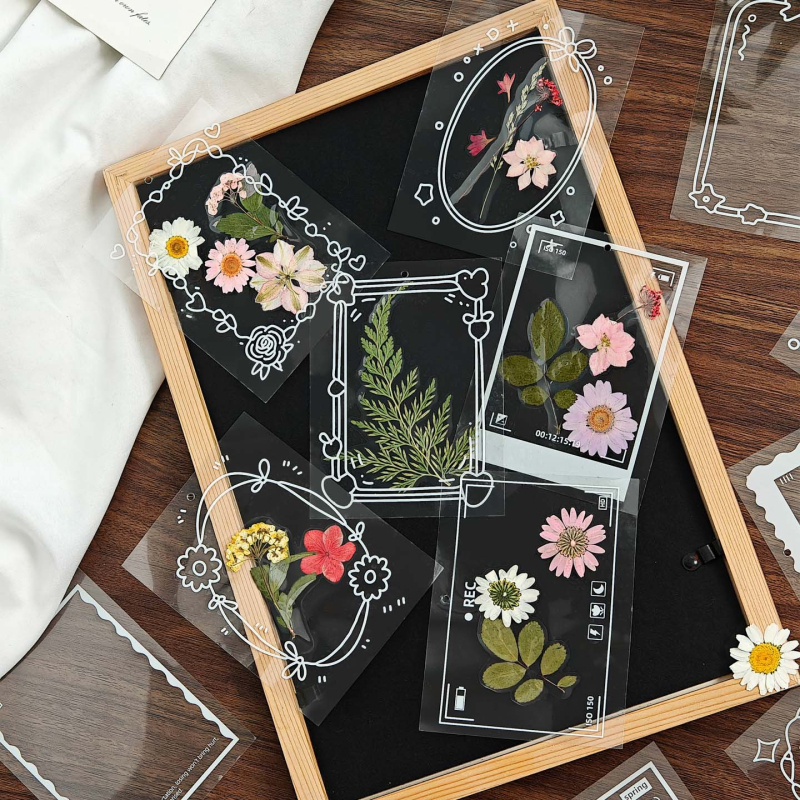 Kit DIY pentru semn de carte cu flori uscate de primăvară, în recipient tip sticluță pentru elevi — mostră de frunză transparentă, peliculă de sigilare din plastic și lipici