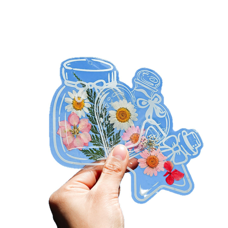 Kit DIY pentru semn de carte cu flori uscate de primăvară, în recipient tip sticluță pentru elevi — mostră de frunză transparentă, peliculă de sigilare din plastic și lipici