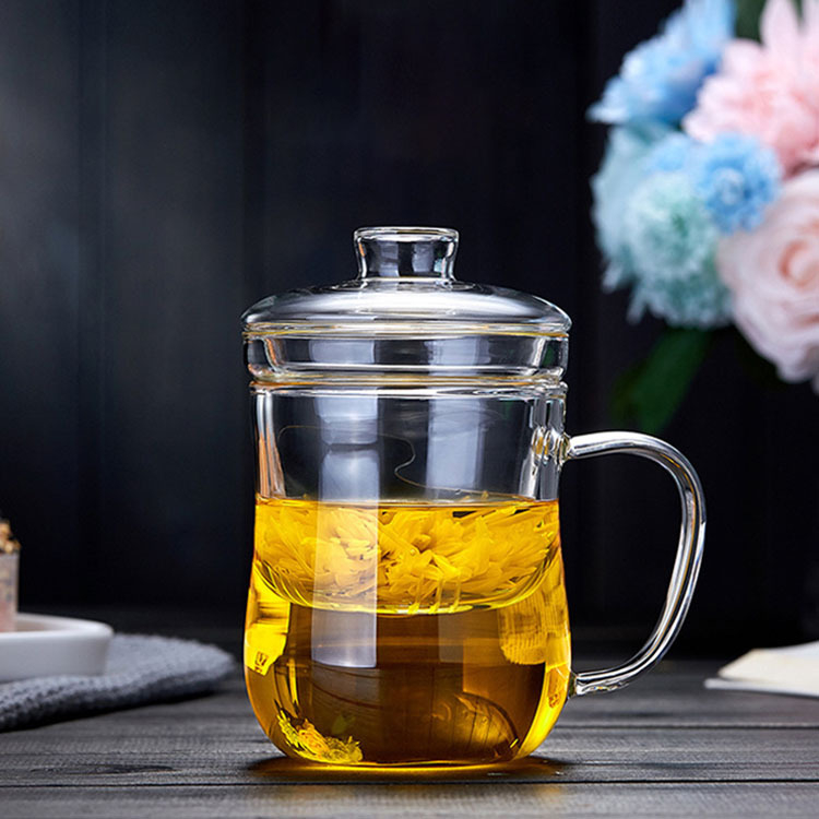 Ceașcă de ceai din borosilicat, cu filtru, set din trei piese, corp transparent, mâner, pentru birou și uz casnic