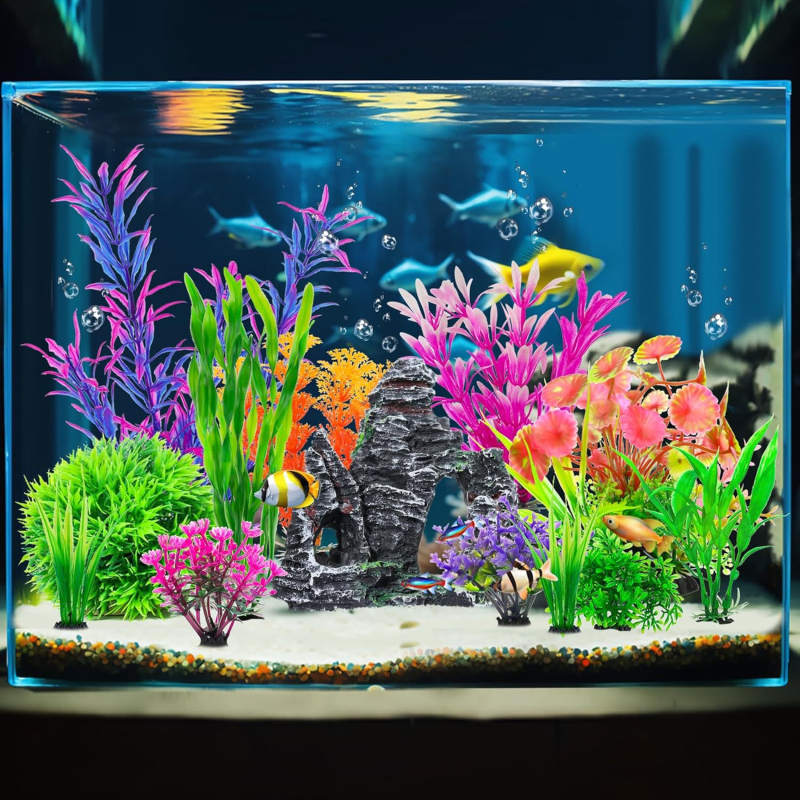 Set dekoracija za akvarij s umjetnim plastičnim biljkama i špiljskim stijenama