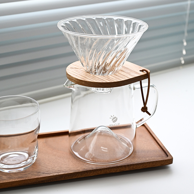 Ceainic pentru cafea pour-over din sticlă borosiliat să rezistentă la temperatură, cu ceașcă de măsurare etichetată