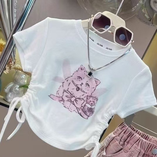 Lányoknak készült nyári koreai stílusú két darabos szett, karikatúra mintával, kötős rövid ujjú felső és denim miniszoknya, 2026