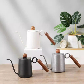 Cană pour-over pentru cafea, formă inelară, din oțel inoxidabil 304, mâner din rosewood, duză îngustă, lungă, stil retro ușor luxos
