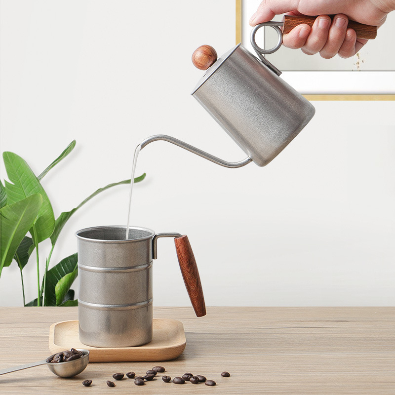 Cană pour-over pentru cafea, formă inelară, din oțel inoxidabil 304, mâner din rosewood, duză îngustă, lungă, stil retro ușor luxos