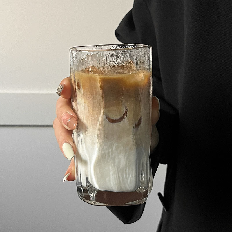 Pahar din sticlă, design INS, nesimetric, fără mâner, pentru cafea rece, Americano, latte și alte băuturi reci