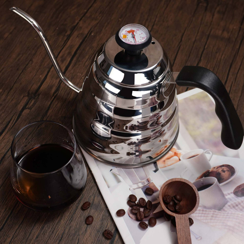 Ceainic pentru pour-over din oțel inoxidabil 304, gură îngustă și termometru