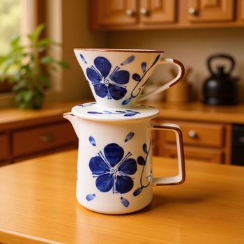 Set cafea pictat manual, albastru și alb, stil japonez, vas filtrant V60, filtru ceramic rezistent la căldură