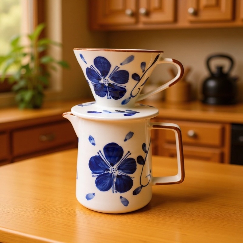 Set cafea pictat manual, albastru și alb, stil japonez, vas filtrant V60, filtru ceramic rezistent la căldură
