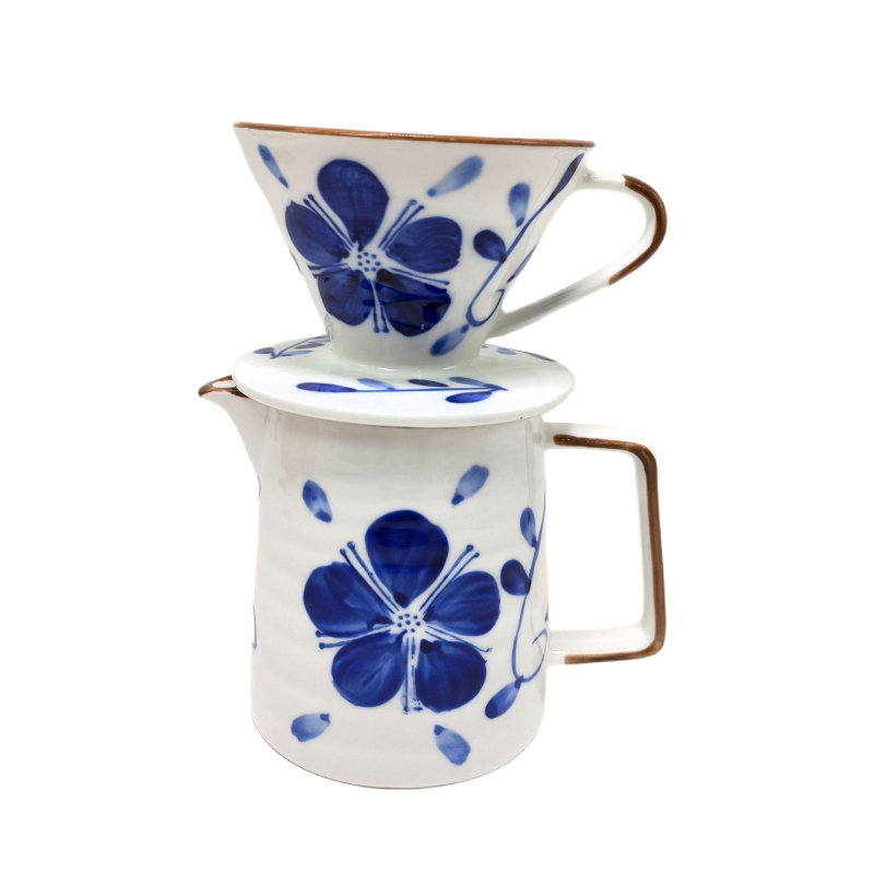 Set cafea pictat manual, albastru și alb, stil japonez, vas filtrant V60, filtru ceramic rezistent la căldură