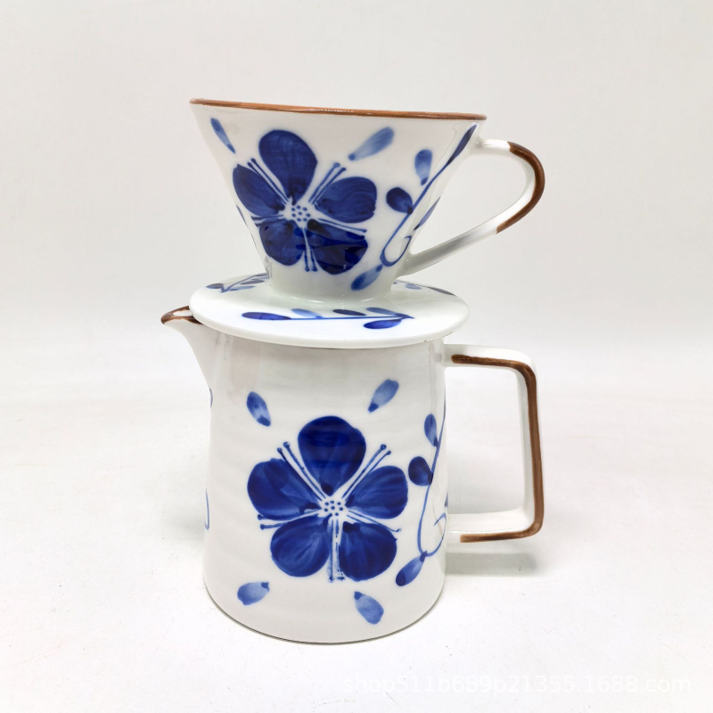 Set cafea pictat manual, albastru și alb, stil japonez, vas filtrant V60, filtru ceramic rezistent la căldură
