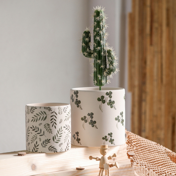 Ghiveci ceramic cu model de frunze nordice, cu farfurie, pentru suculente și cactuți.