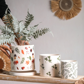 Ghiveci ceramic cu model de frunze nordice, cu farfurie, pentru suculente și cactuți.