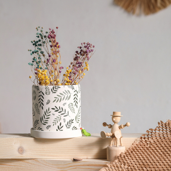 Ghiveci ceramic cu model de frunze nordice, cu farfurie, pentru suculente și cactuți.